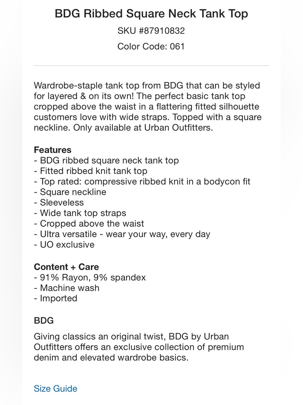 BDG Ribbed Square Neck Tank Top - Picture 5 of 7